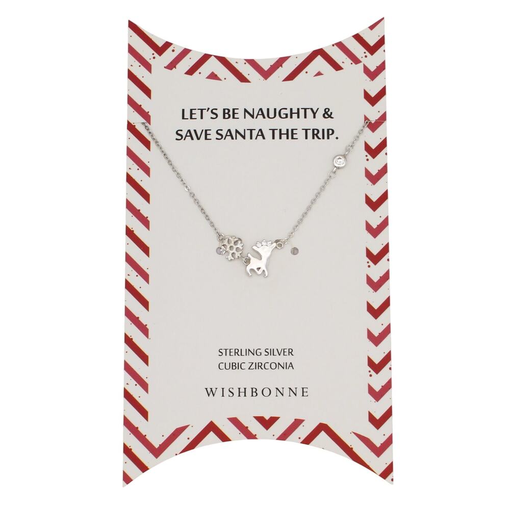 Sterling Silver & CZ Reindeer & Snowflake Christmas Gift Necklace #C04N1